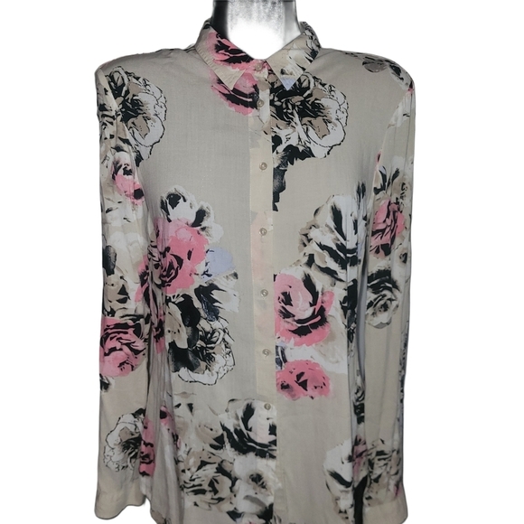 Le Chateau Cream Floral Print Long Sleeve Button Up Shirt M - Picture 1 of 6
